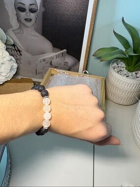 Quartz and Black Lava Bead Stretch Bracelet - Elegant Contrast